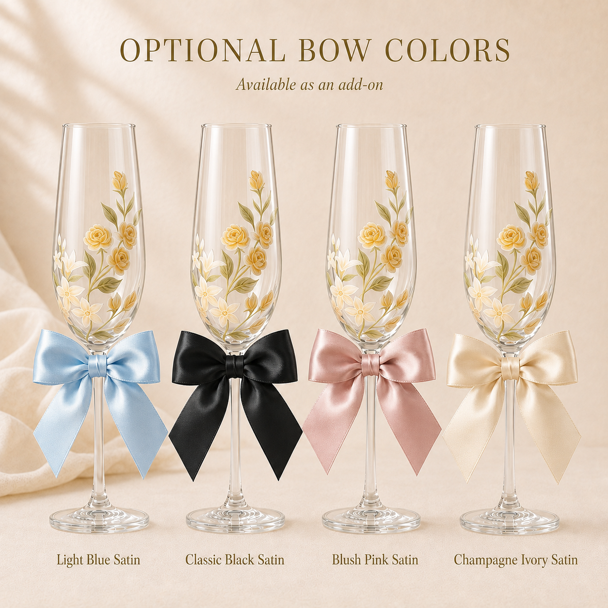Hand-painted floral champagne flutes with optional light blue, black, blush pink and champagne ivory satin bows