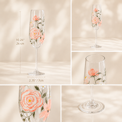 Peach floral hand-painted champagne flute measuring 10.24 inches tall with close-up floral and glass details