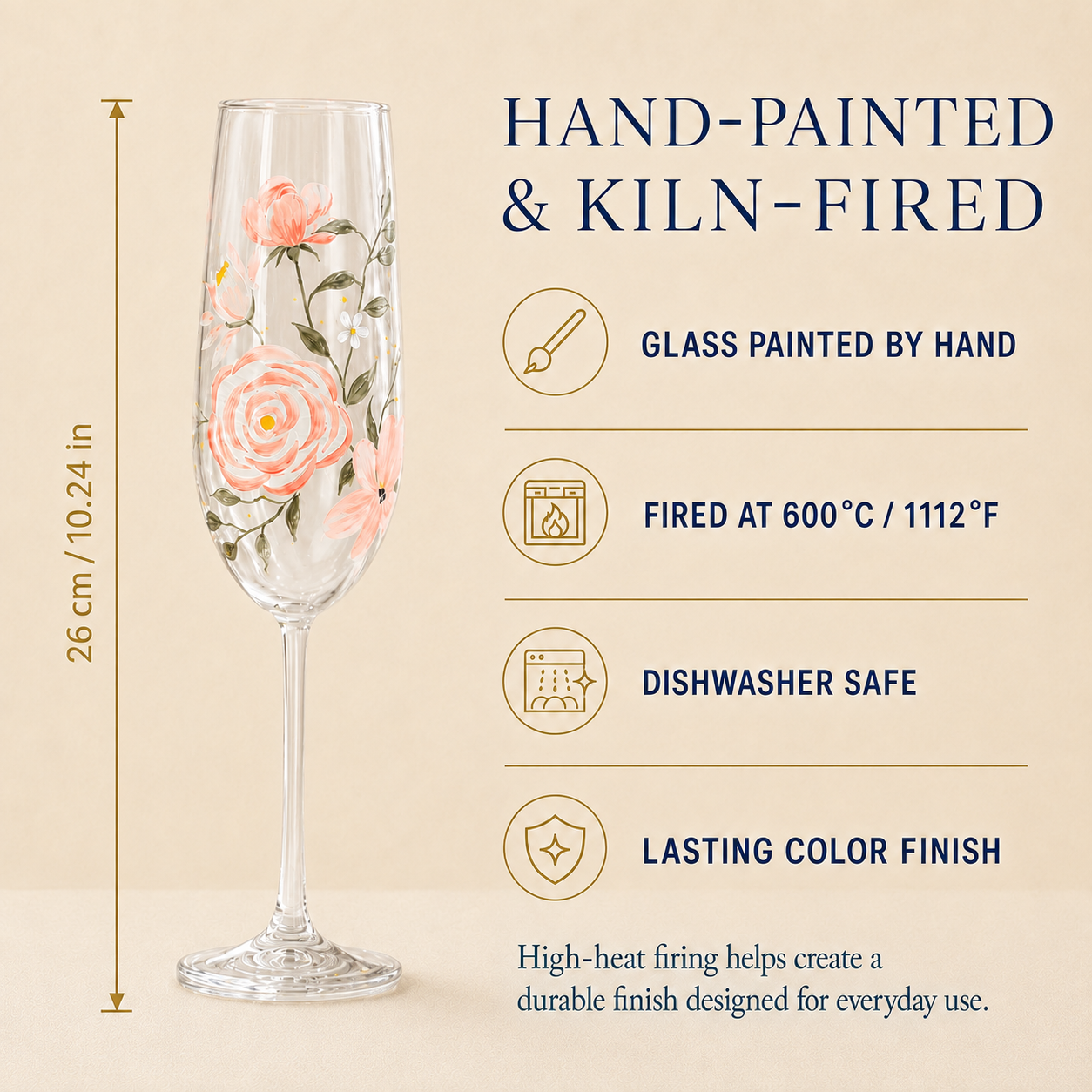 Hand-painted and kiln-fired peach floral champagne flute with dishwasher-safe lasting color finish