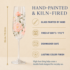 Hand-painted and kiln-fired peach floral champagne flute with dishwasher-safe lasting color finish