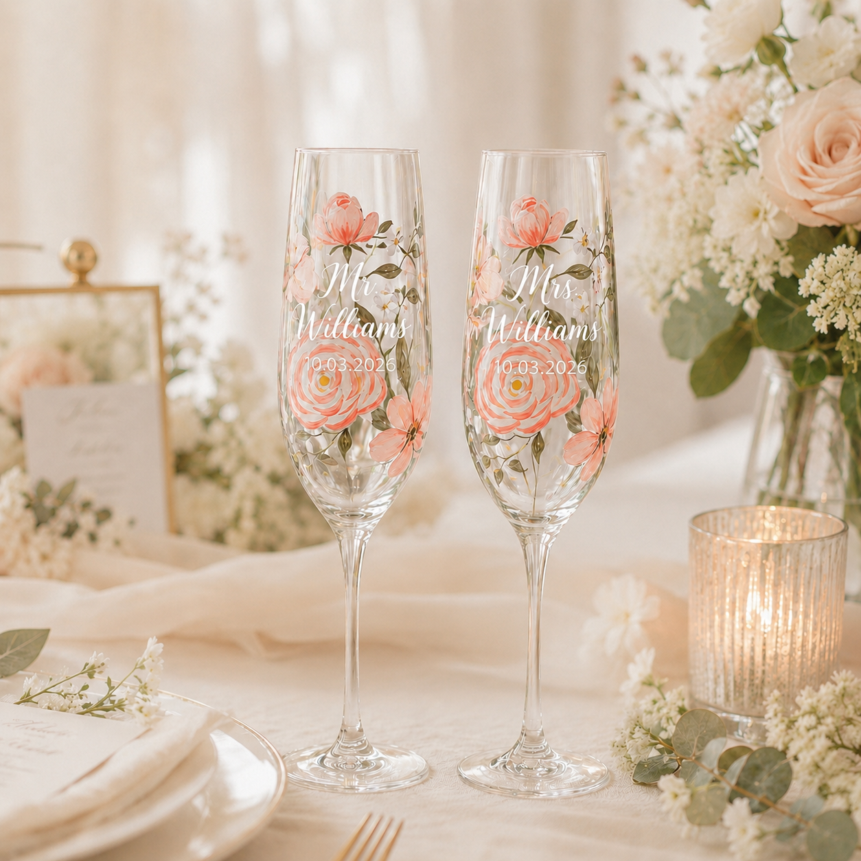 Personalized Mr and Mrs floral champagne flutes with white lettering and wedding date on romantic wedding table