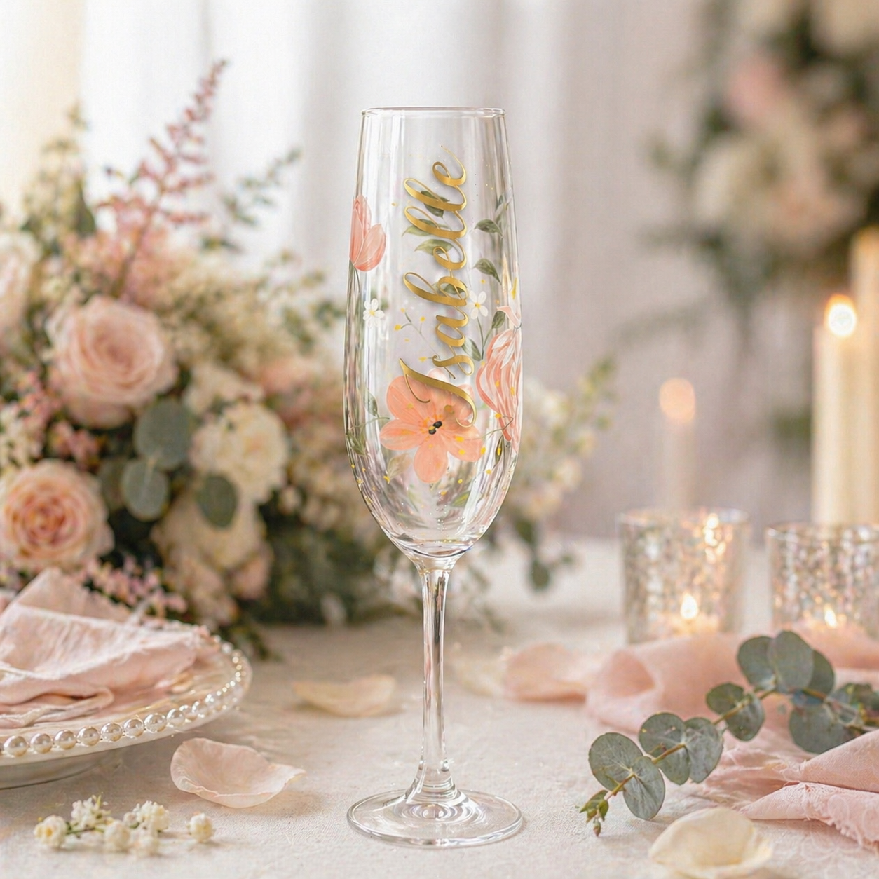 Personalized peach floral champagne flute with gold vertical name at romantic blush garden wedding table