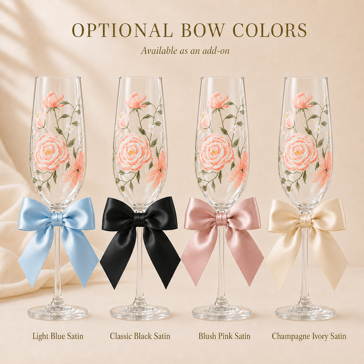 Hand-painted floral champagne flutes with optional light blue black blush pink and champagne ivory satin bows