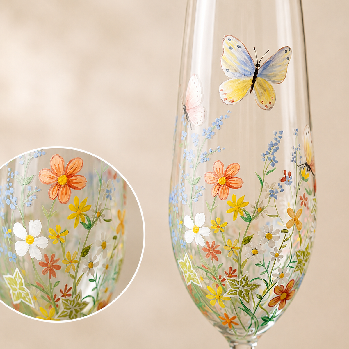 Close-up of hand-painted wildflowers and butterfly details on personalized champagne flute