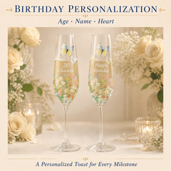 Personalized wildflower butterfly champagne flutes with birthday age name and Happy Birthday lettering