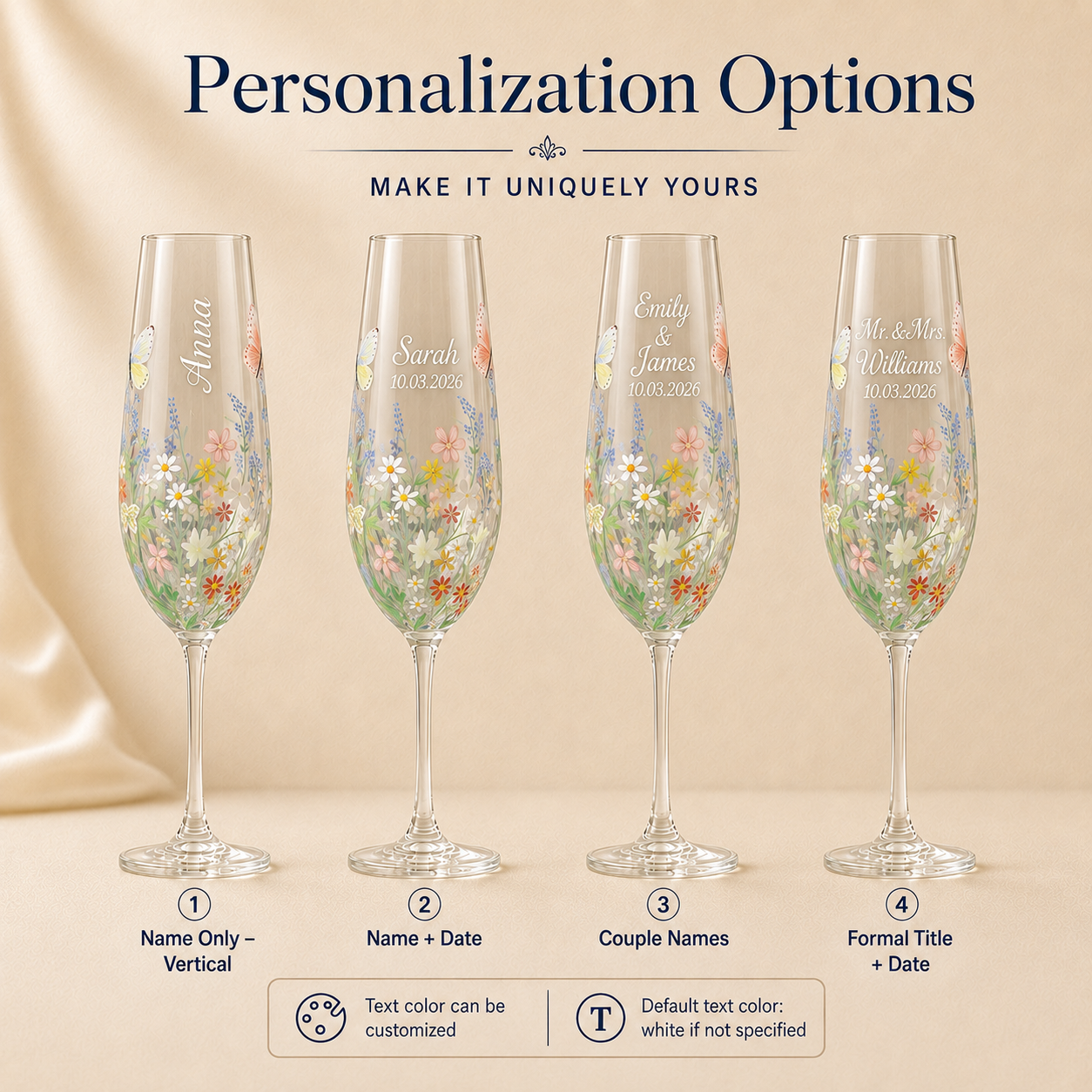 Personalized champagne flute options with name date couple names and formal wedding title