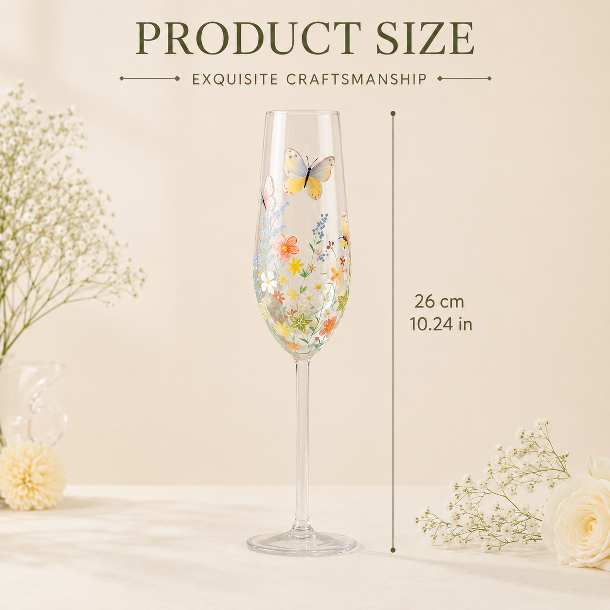 Hand-painted wildflower butterfly champagne flute measuring 26 cm or 10.24 inches tall