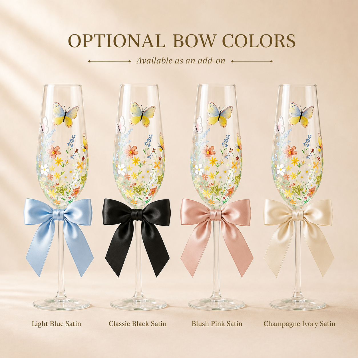 Wildflower butterfly champagne flutes with light blue black blush pink and champagne ivory satin bows