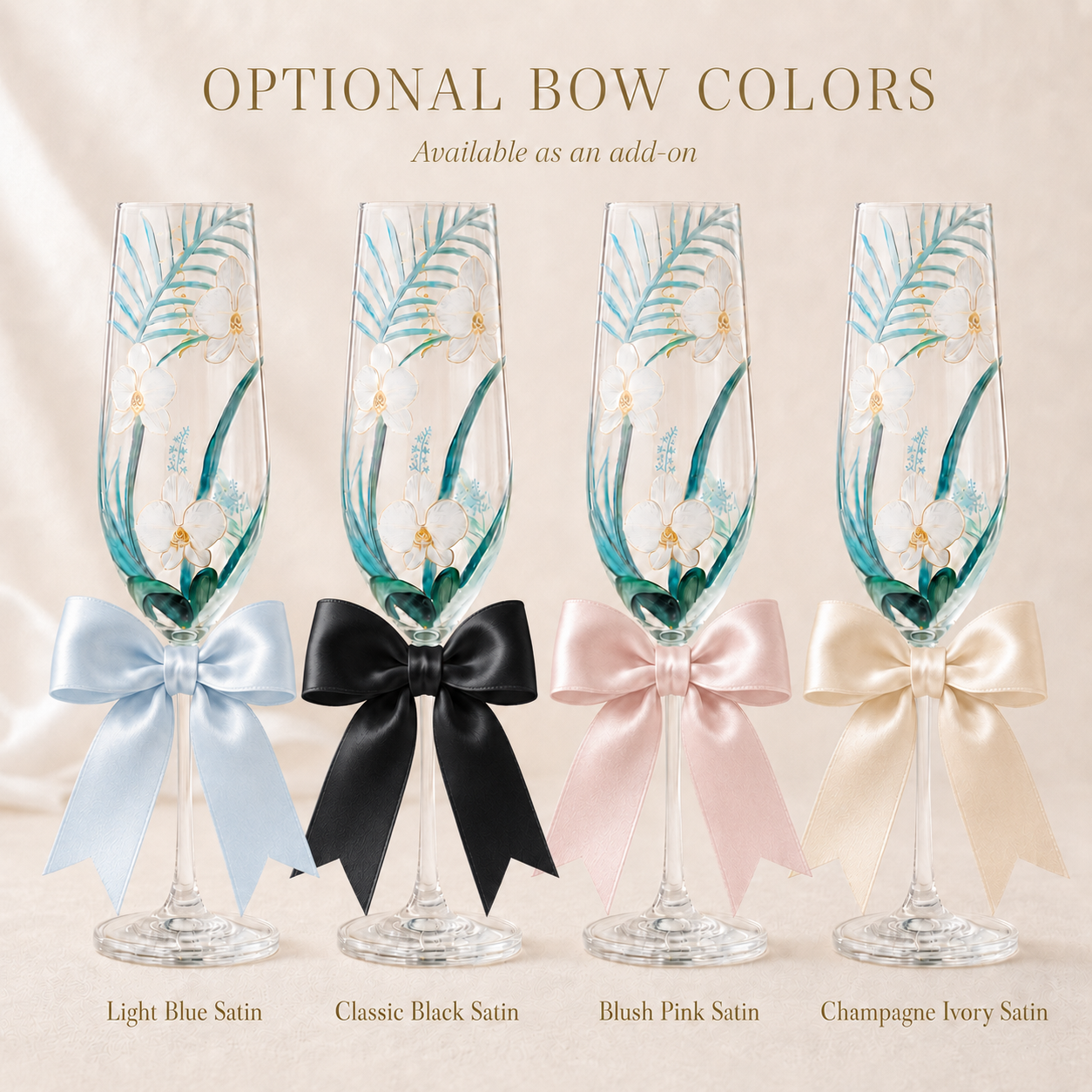 Optional light blue black blush pink and champagne ivory satin bows for champagne flutes