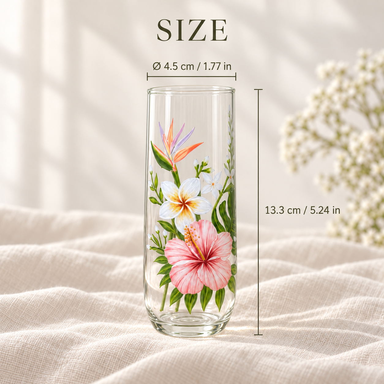 Hand-painted tropical flower glass size 13.3 cm tall and 4.5 cm wide with hibiscus and plumeria design