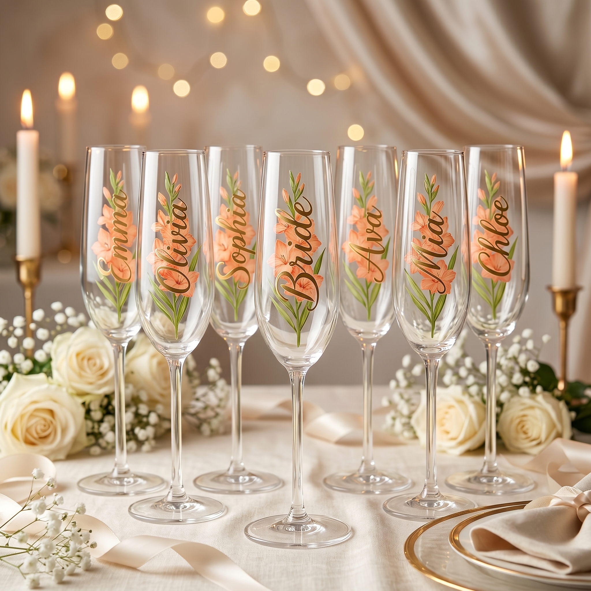 Personalized hand painted orange floral champagne flutes with individual guest names for wedding party