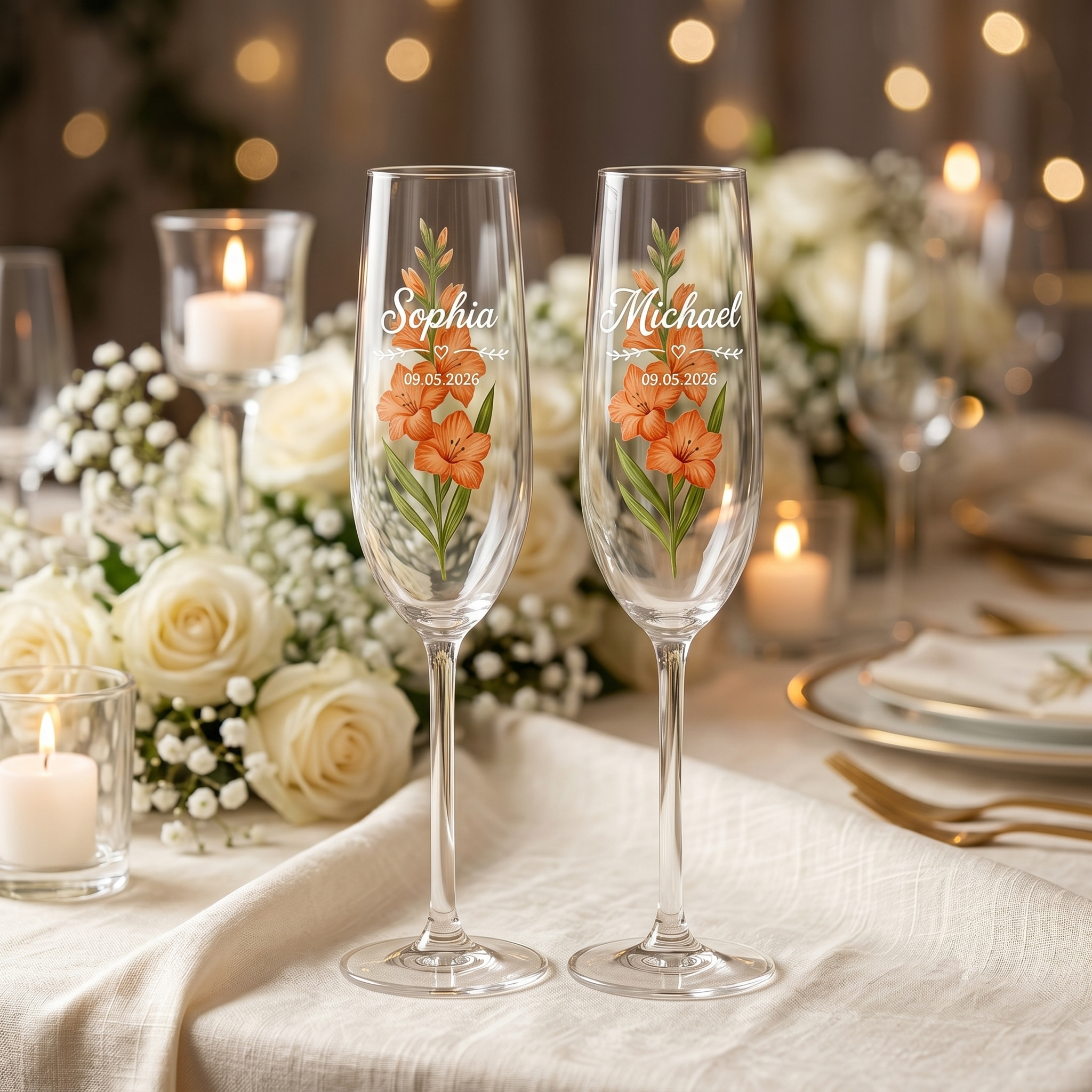 Two personalized champagne flutes with orange floral illustrations and engraved names 'Sophia' and 'Michael' are displayed on a beautifully set wedding table with white roses, candles, and warm string lights in the background.