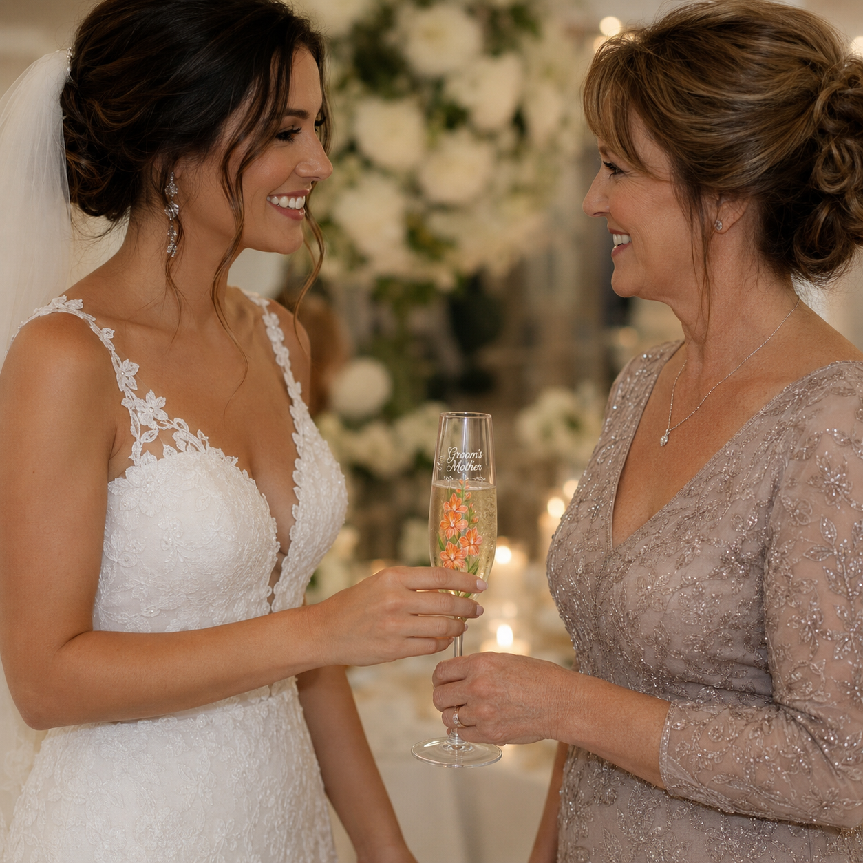 Bride and mother of groom celebrating with personalized orange gladiolus champagne flute