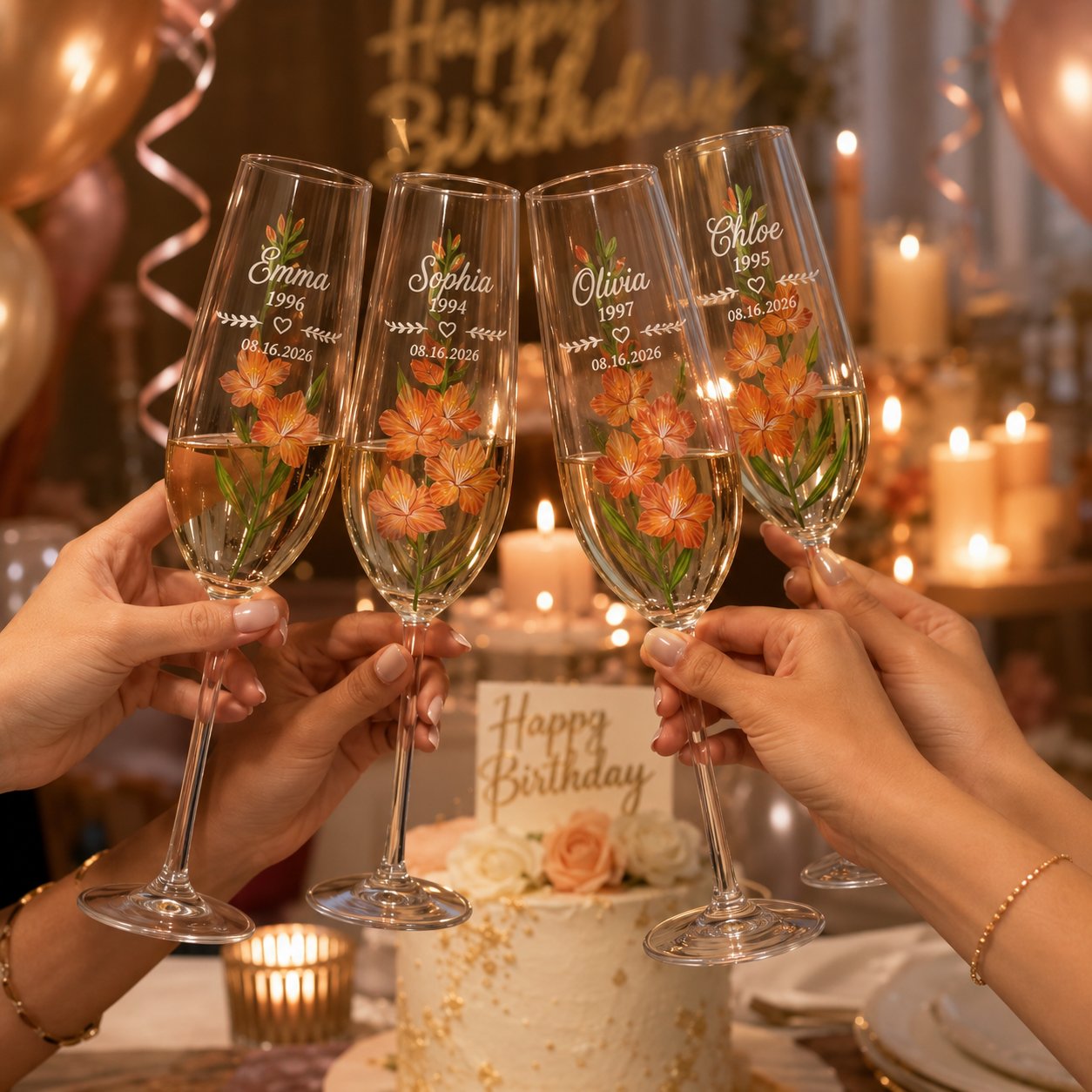 Personalized orange floral champagne flutes with individual names at a birthday celebration