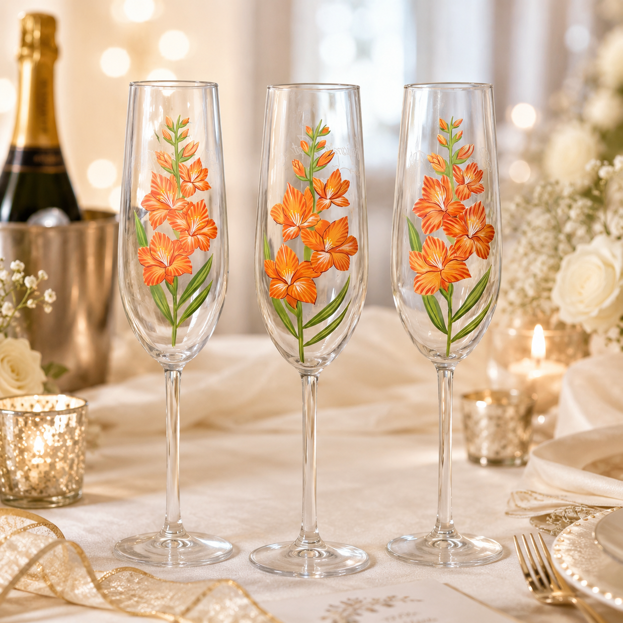 Three hand painted orange gladiolus champagne flutes on elegant wedding reception table
