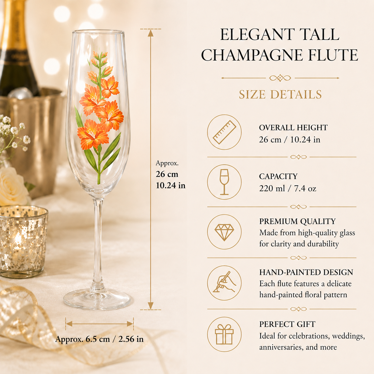 Orange gladiolus champagne flute size guide showing 26 cm height and 220 ml capacity