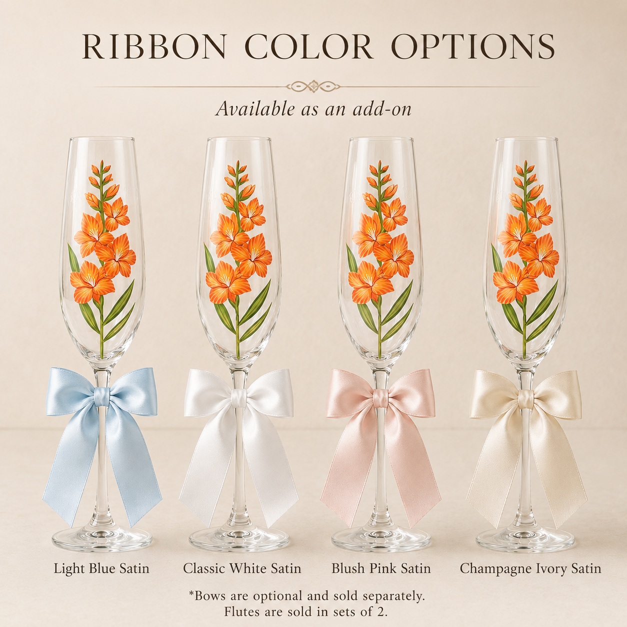Orange gladiolus champagne flutes with light blue white blush pink and ivory satin ribbon options