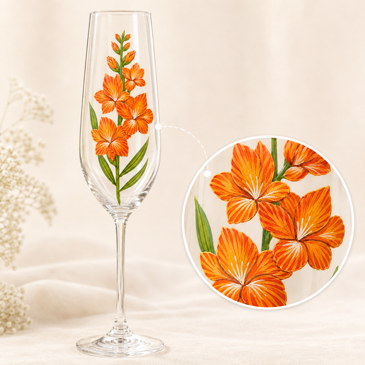 Hand painted orange gladiolus champagne flute with close-up floral brushstroke details