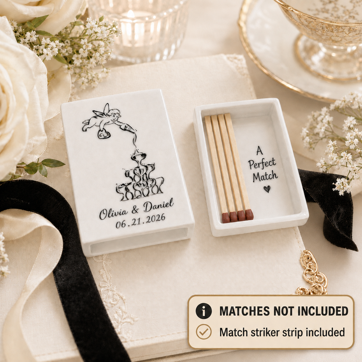 Open ceramic wedding matchbox with A Perfect Match message and wooden matches