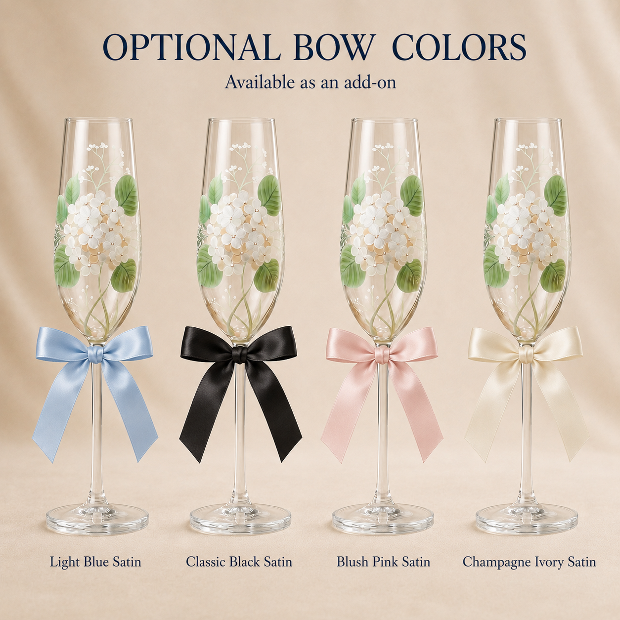 Four champagne flutes with white floral prints and green leaves are shown with four satin bow colors: light blue, classic black, blush pink, and champagne ivory. Text at the top reads 'OPTIONAL BOW COLORS' and labels each bow color below the flutes.