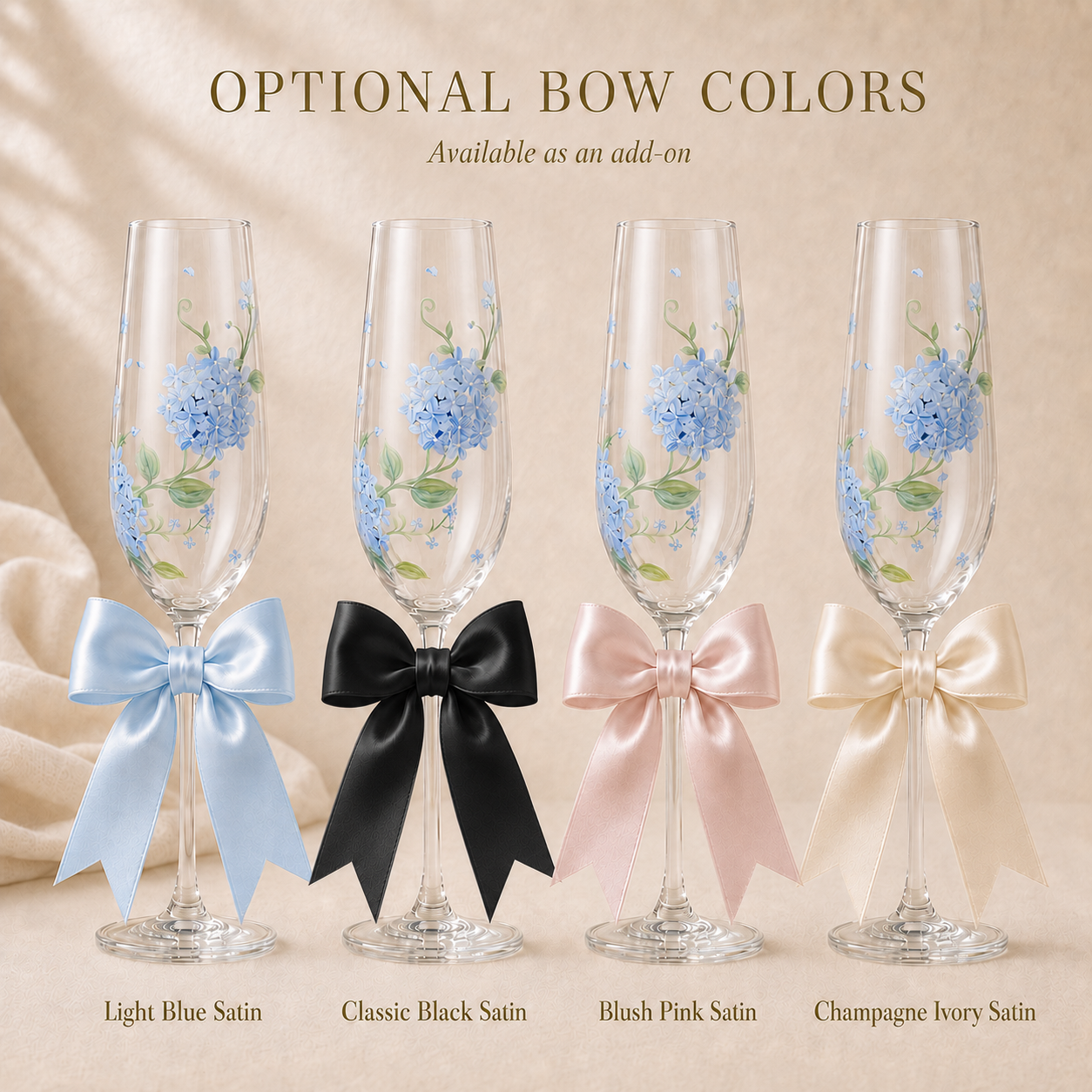 Blue hydrangea champagne flutes with light blue black blush pink and ivory satin bow options