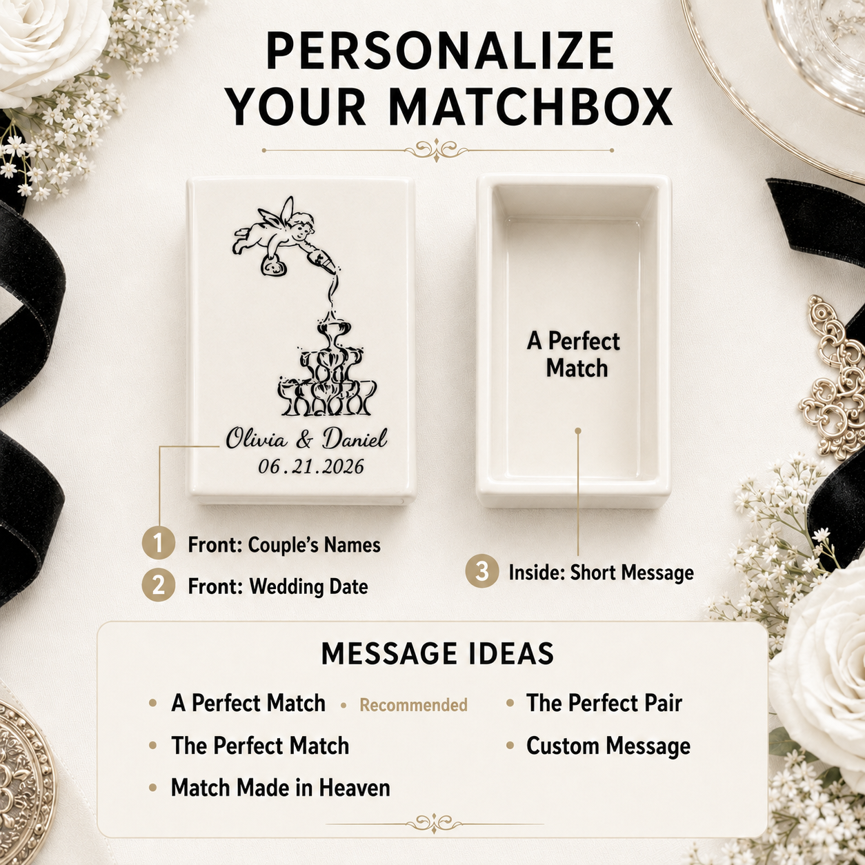 Personalization options for custom ceramic wedding matchbox with names date and inside message