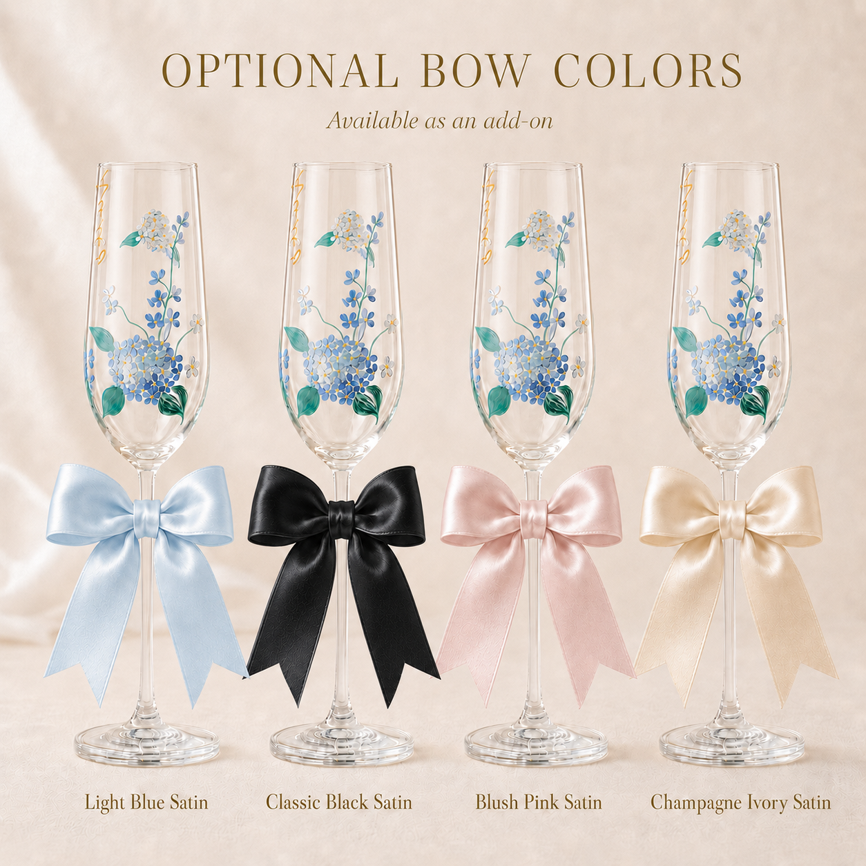 Blue hydrangea champagne flutes with optional light blue, black, blush pink and champagne ivory satin bows