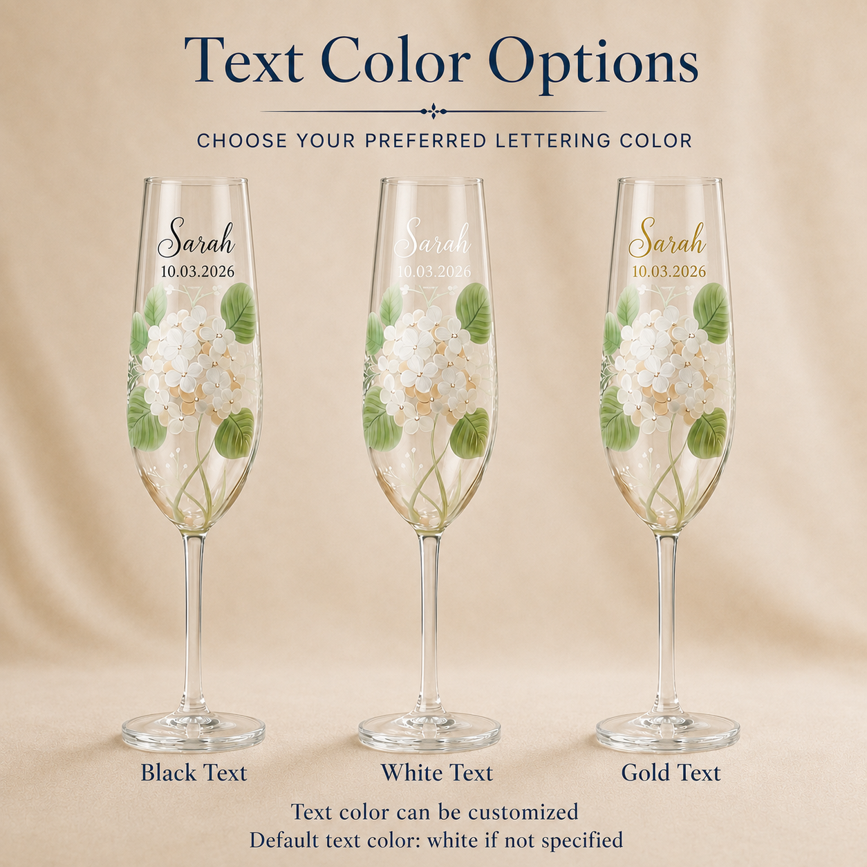 Personalized hydrangea champagne flutes with black, white, and gold custom name and wedding date lettering.