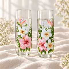 Personalized Hand-Painted Tropical Floral Glass, Hibiscus & Plumeria Glass, Custom Name Glass, Hawaiian Inspired Gift & Bud Vase