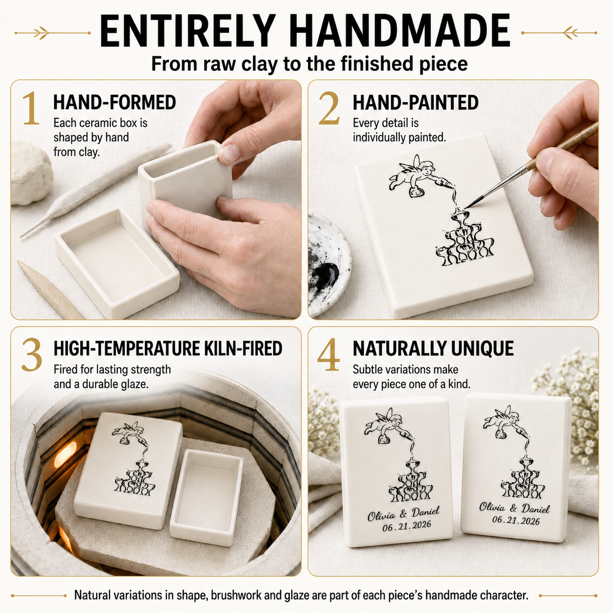 Handmade ceramic matchbox process showing hand forming painting kiln firing and finished piece