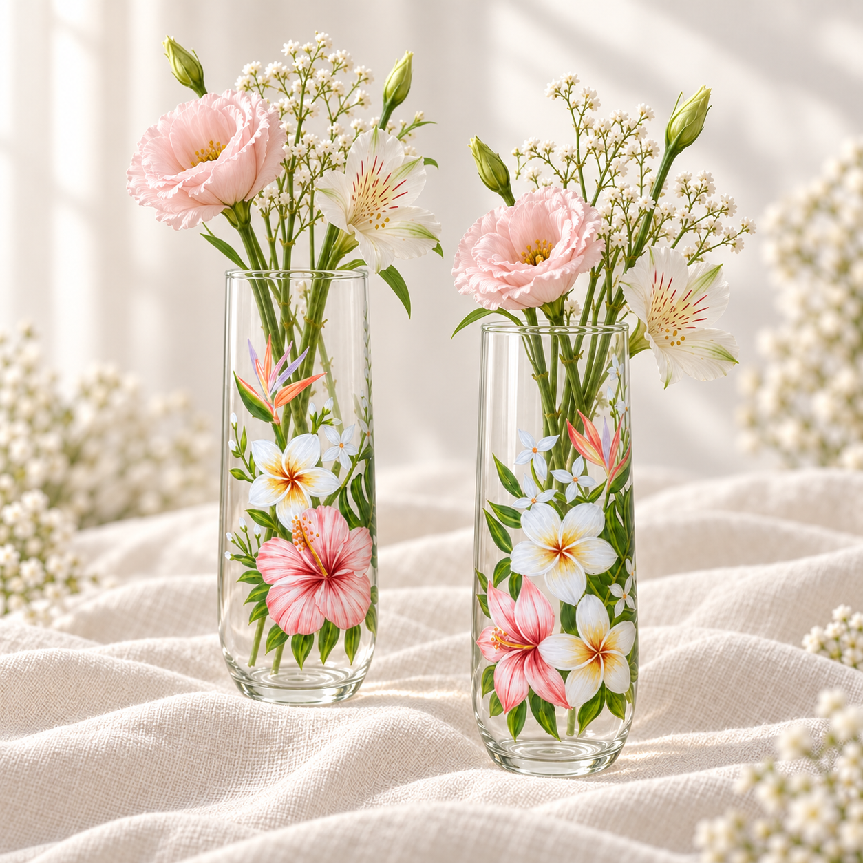 Hand-painted hibiscus and plumeria glasses styled as small tropical flower vases