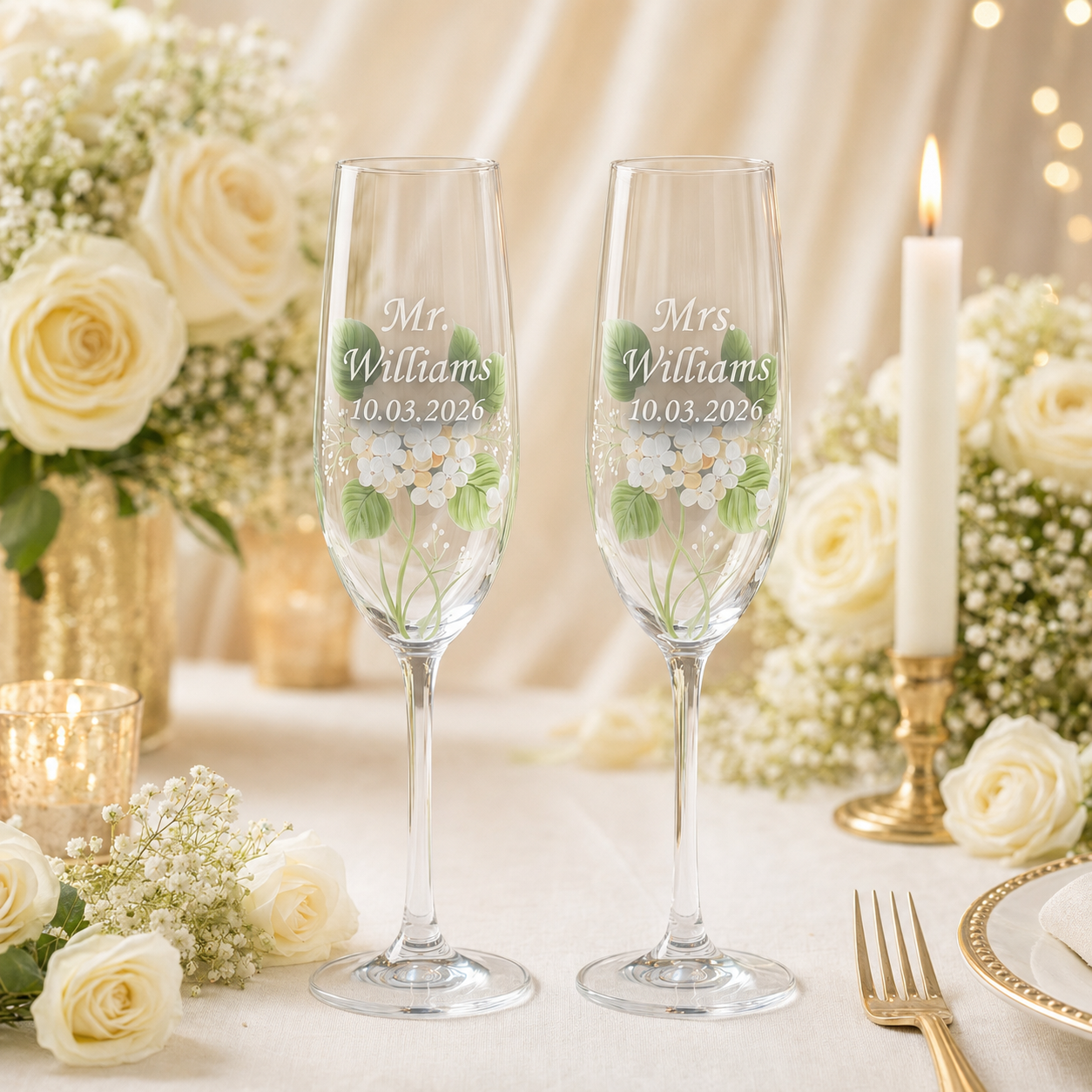 Two personalized clear champagne flutes with floral engravings and the names 'Mr. Williams' and 'Mrs.