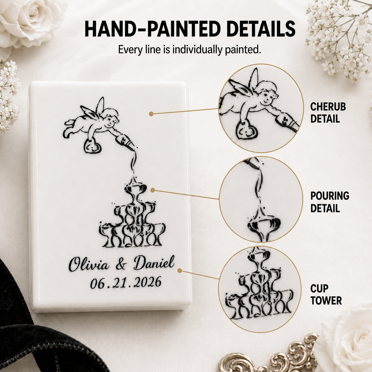 Close up hand-painted cherub champagne tower artwork on personalized ceramic matchbox