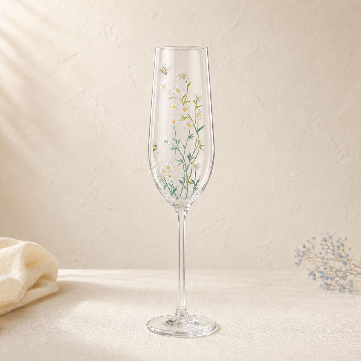 Personalized hand-painted daisy and bee champagne flute with delicate botanical flowers on clear glass