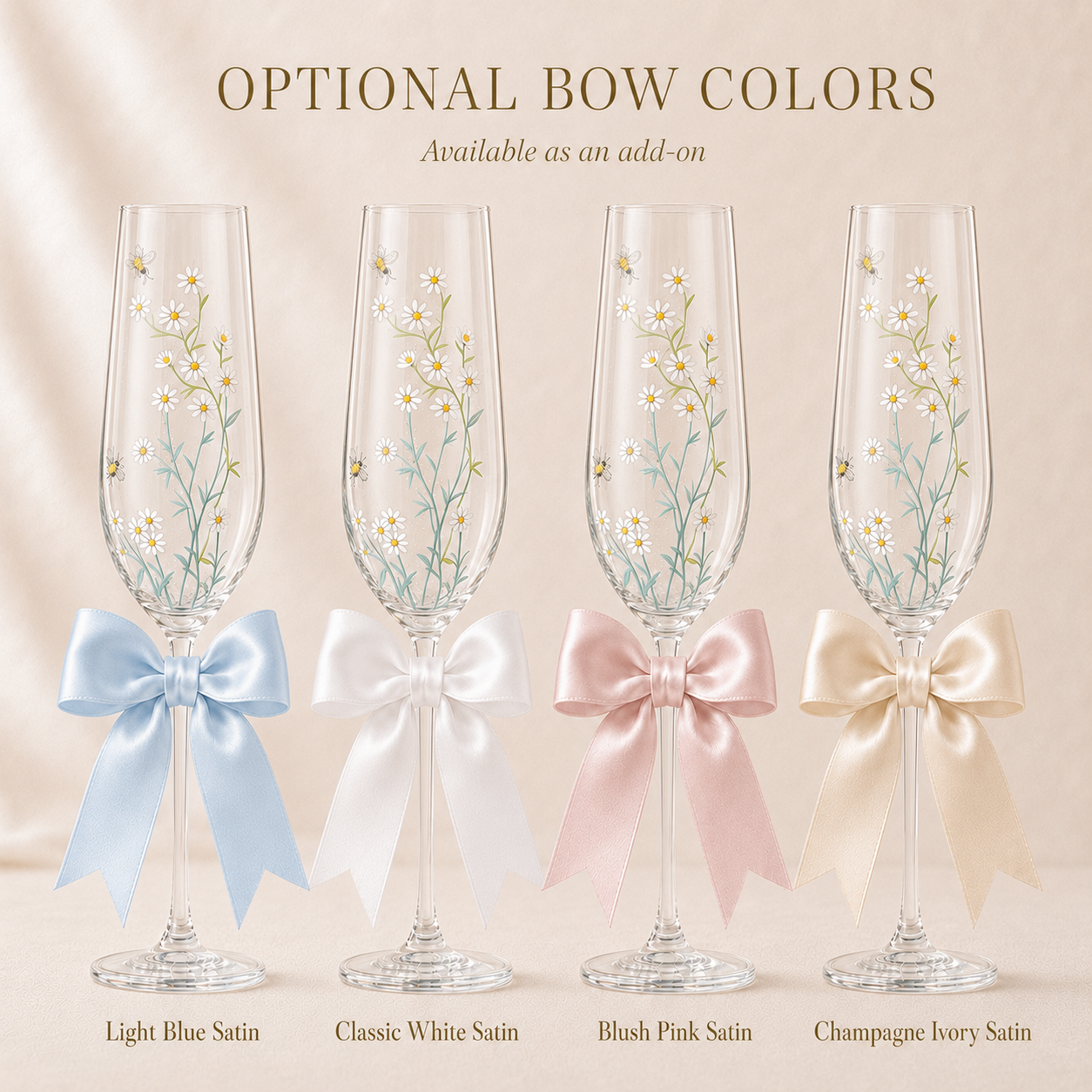 Hand-painted daisy champagne flutes with light blue, black, blush pink and champagne ivory satin bow options