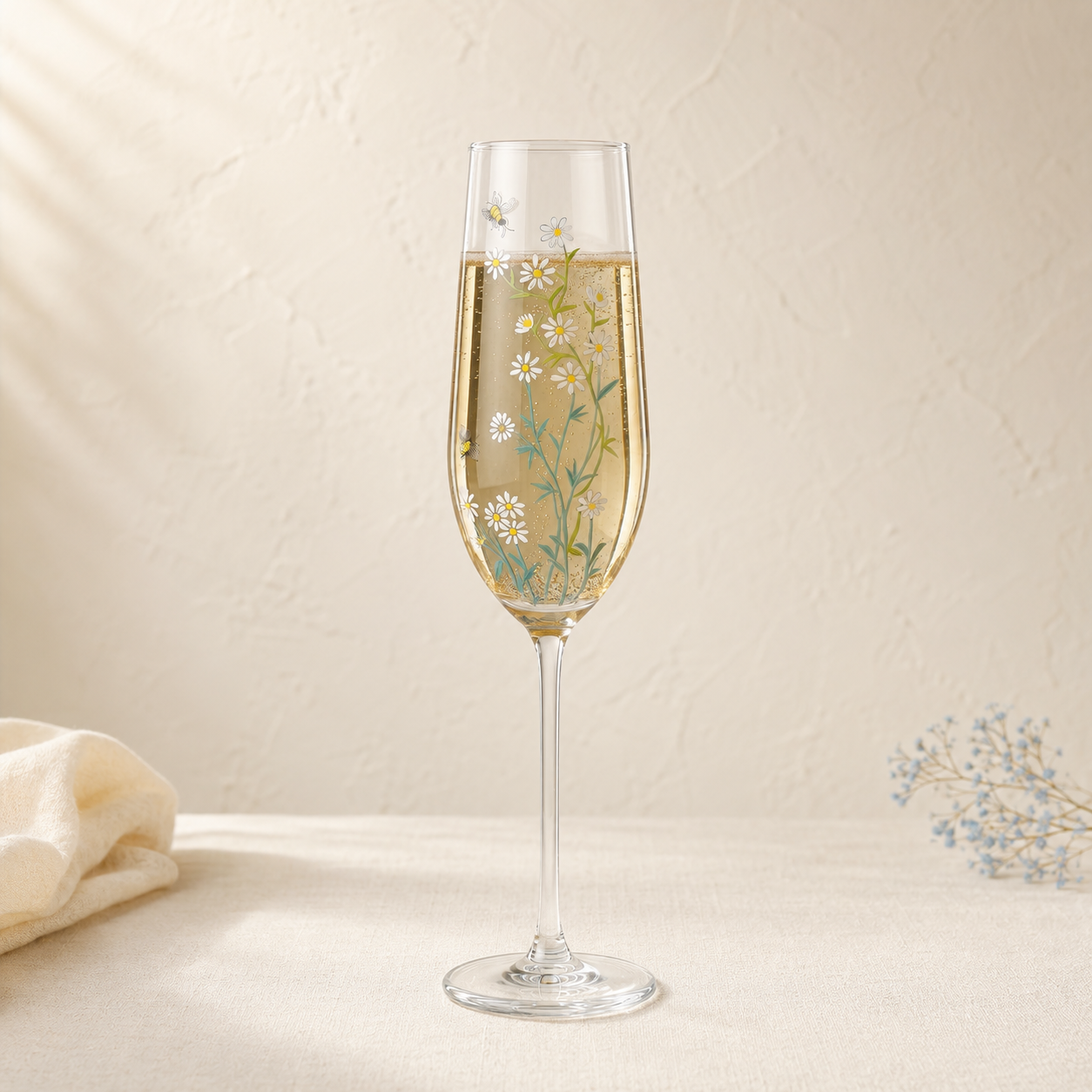 Daisy and bee hand-painted champagne flute filled with sparkling wine on neutral tabletop