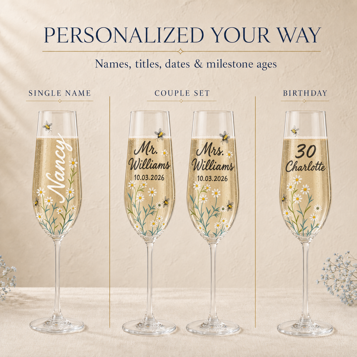 Personalized champagne flute options with custom name, Mr and Mrs wedding date and milestone birthday age