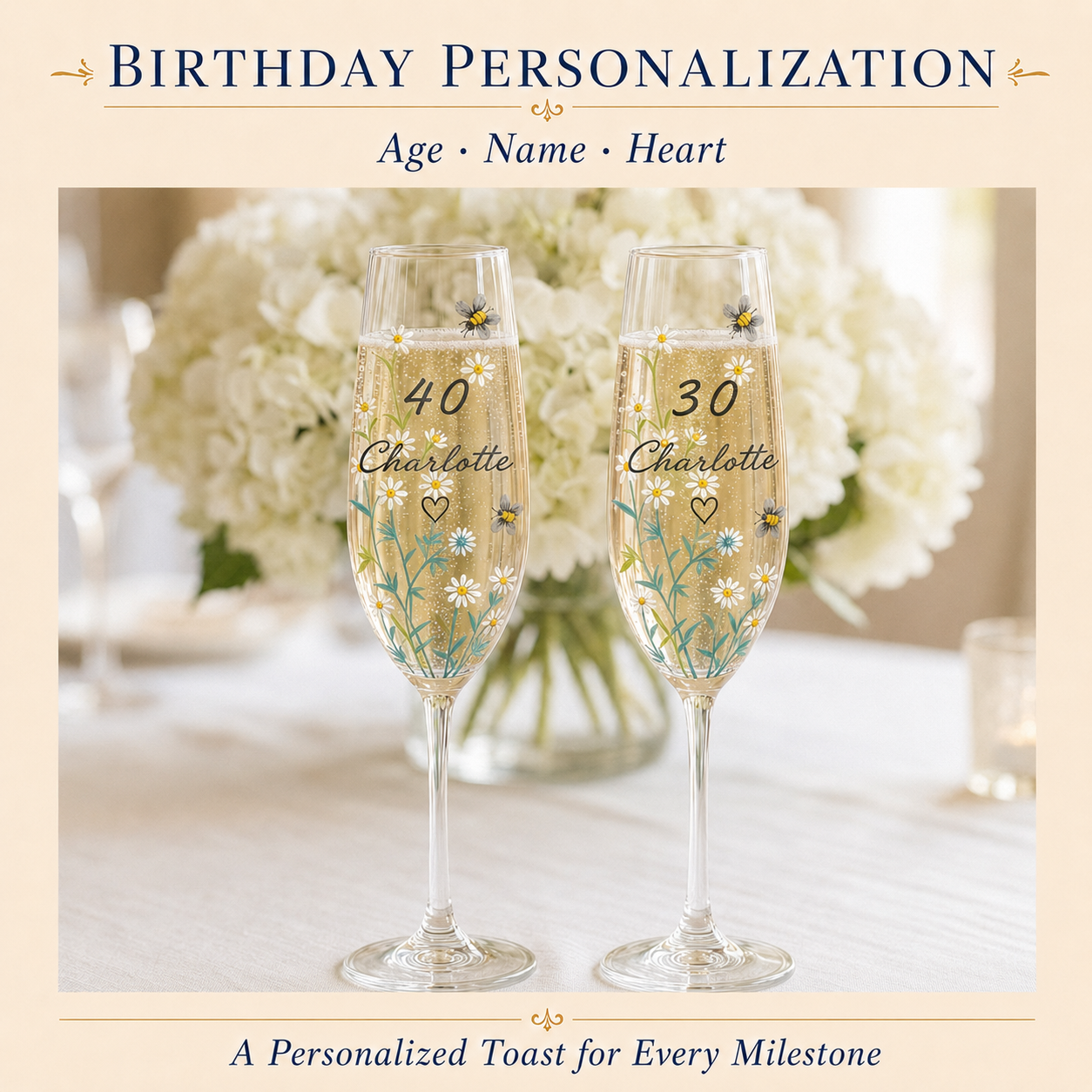 Personalized 30th and 40th birthday champagne flutes with names, daisies and hand-painted bees