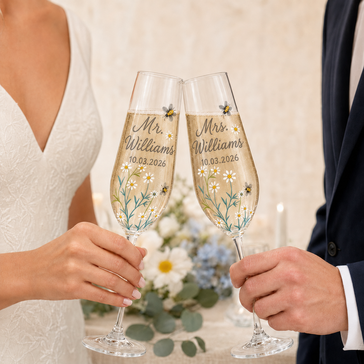 Bride and groom toasting with personalized Mr and Mrs hand-painted daisy champagne flutes