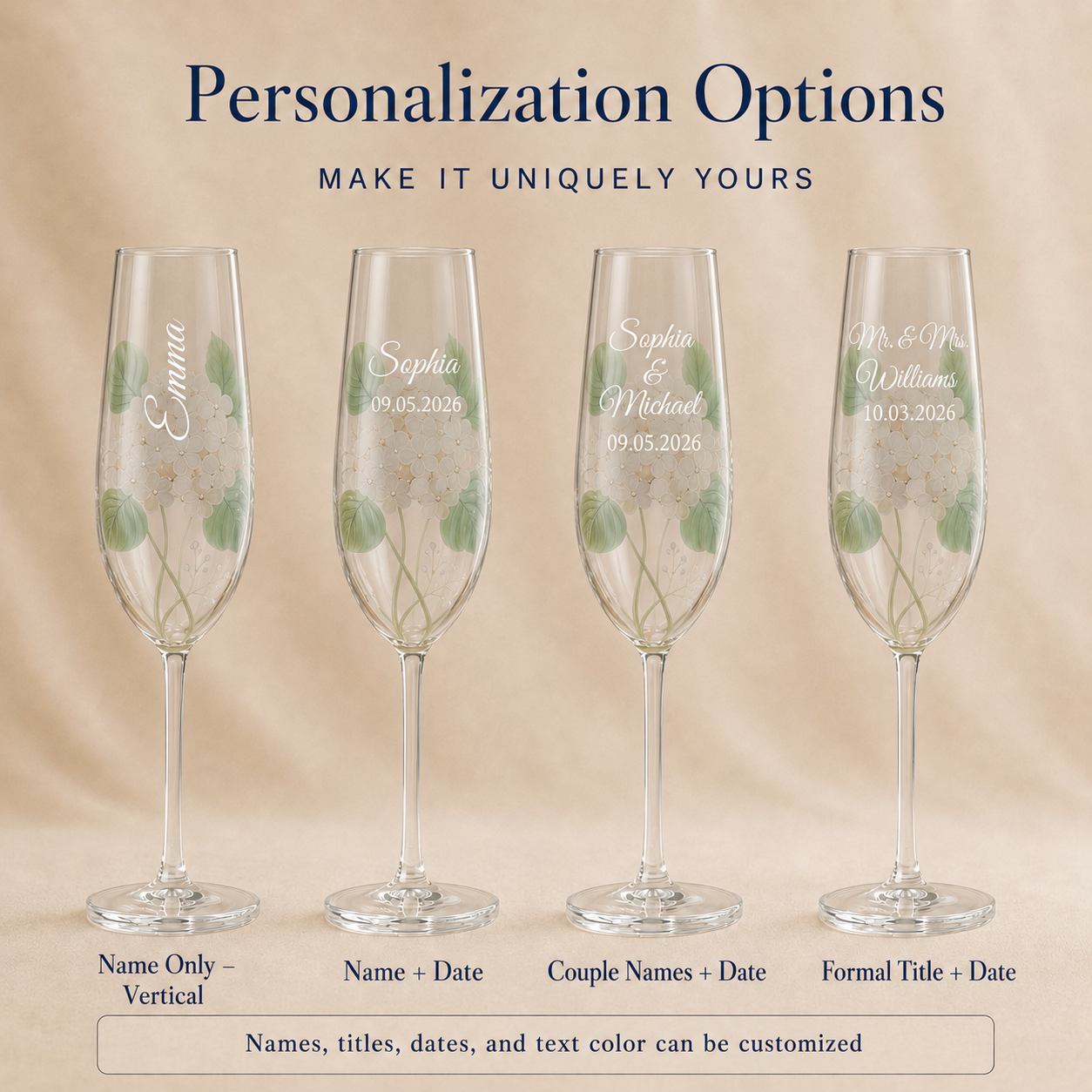 Four personalized champagne flutes displayed side by side on a beige fabric background, with text above reading 'Personalization Options' and labels below naming customization types. The glasses are clear with etched names, dates, and delicate green floral illustrations.