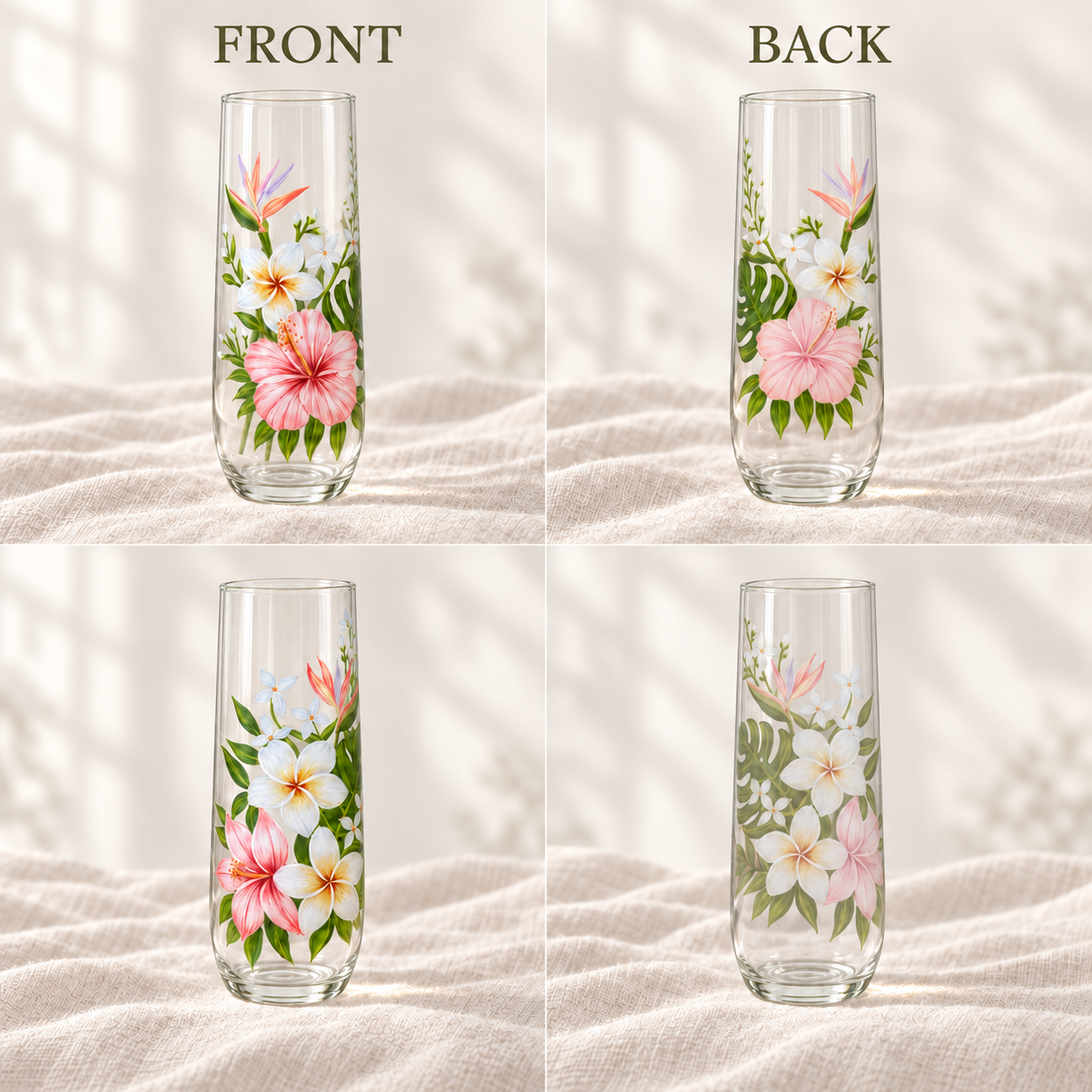 Front and back views of hand-painted tropical flower glasses with hibiscus plumeria and botanical foliage