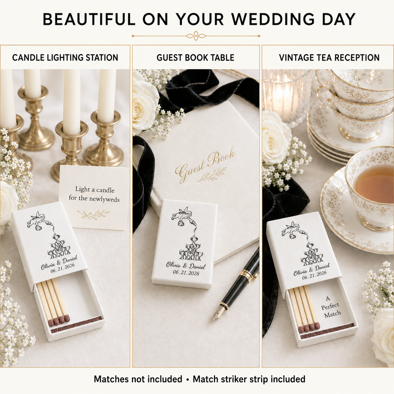 Ceramic wedding match holder styled for candle station guest book table and vintage reception