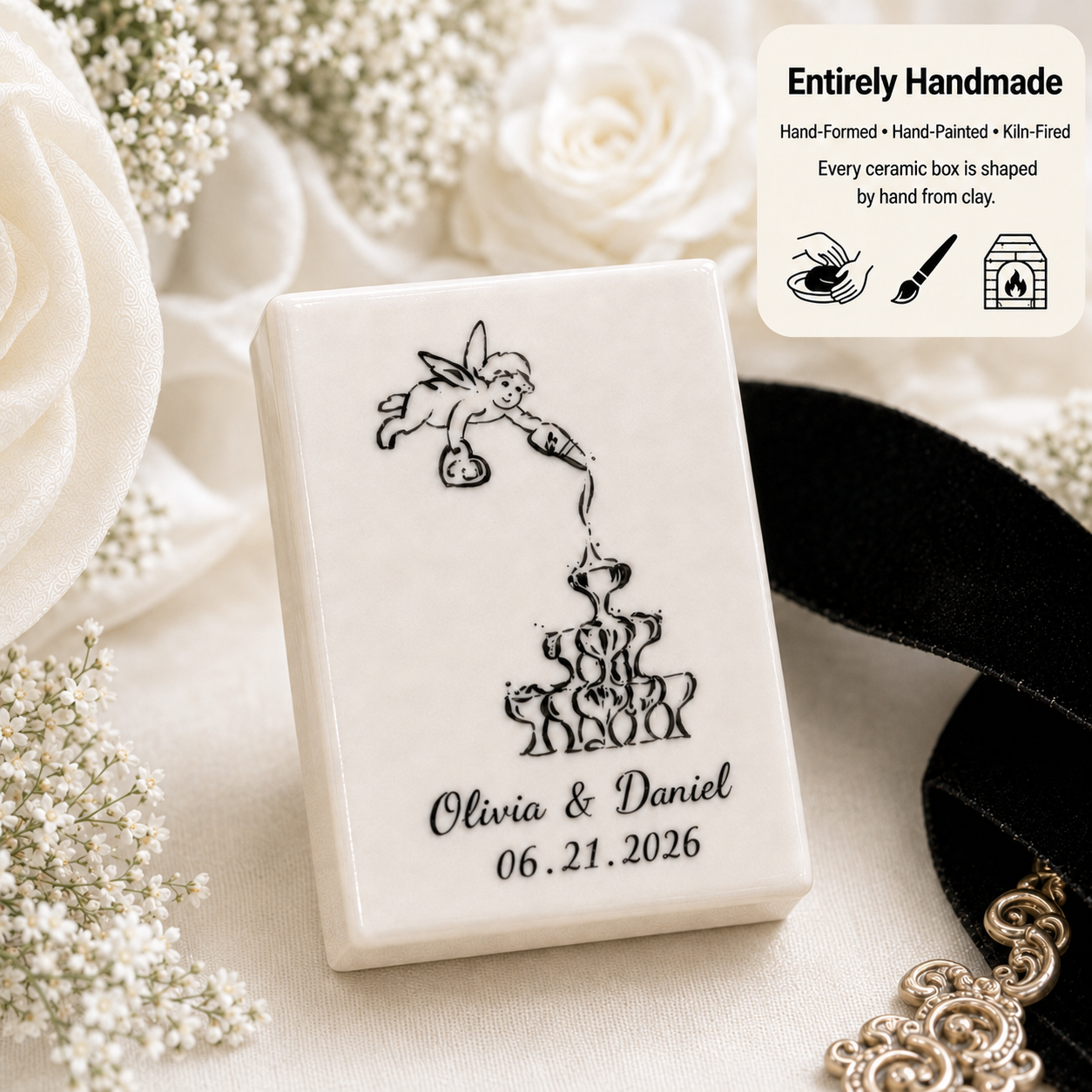 Entirely handmade personalized ceramic wedding matchbox with hand-painted artwork