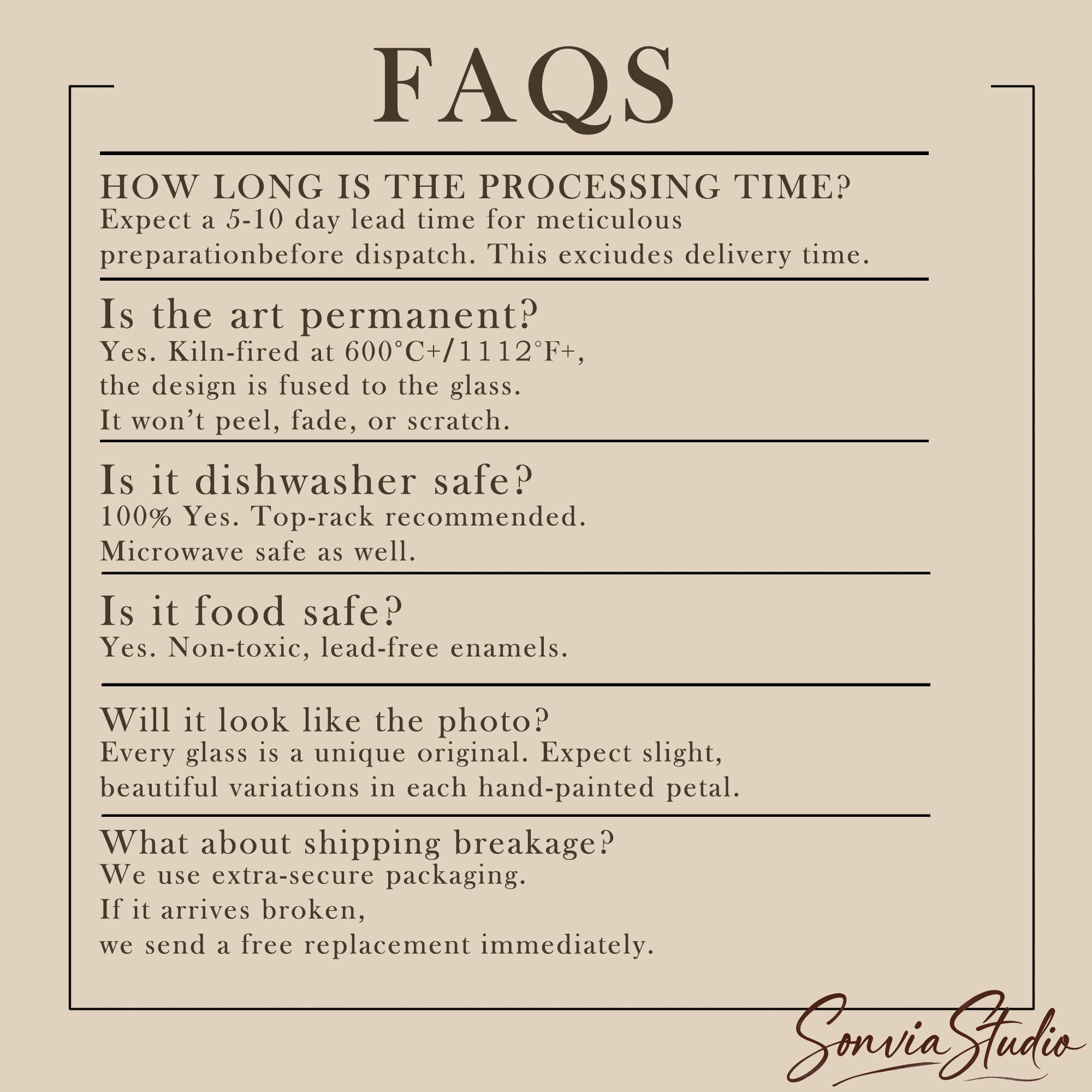 A beige informational graphic titled 'FAQS' with black text answering common questions about a glass art design, including processing time, permanence, dishwasher safety, food safety, and shipping breakage. The brand name 'Somvia Studio' appears in script at the bottom right.