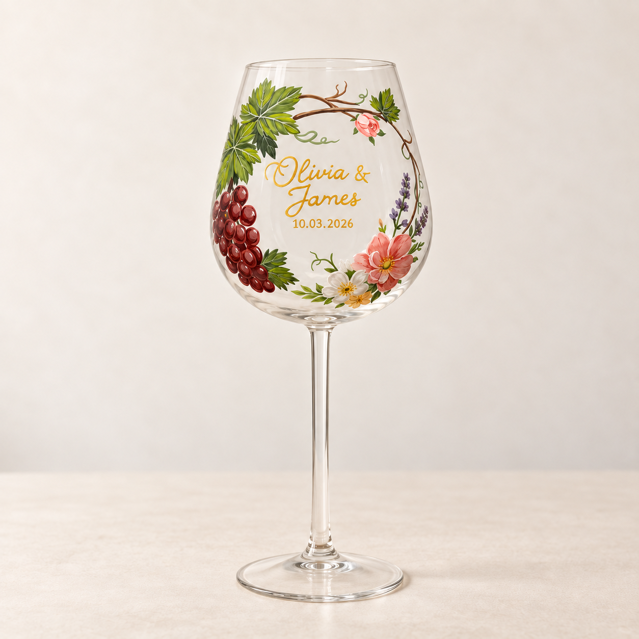 Grape vine and floral wine glass with personalized gold names and date