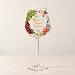 Grape vine and floral wine glass with personalized gold names and date