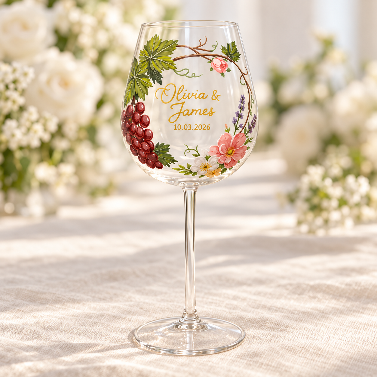 Personalized vineyard wedding wine glass with grape leaves and pink flowers