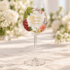 Personalized vineyard wedding wine glass with grape leaves and pink flowers