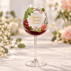 Grape and floral wine glass filled with red wine for a wedding toast