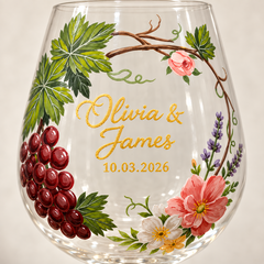 Close-up of grape clusters, vine leaves and gold personalized lettering
